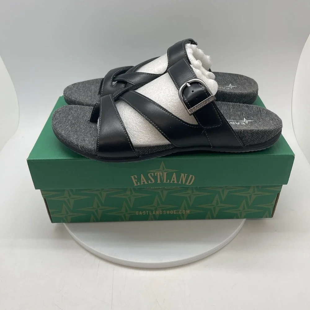 Eastland Bar Harbor Womens 11 Black Leather Strappy Slip Ons Shoes 3290-01M New